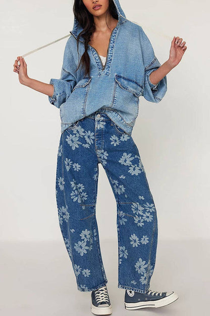 Montana Boho Western Spirit Fashion: Oversized Pullover Denim Hoodie