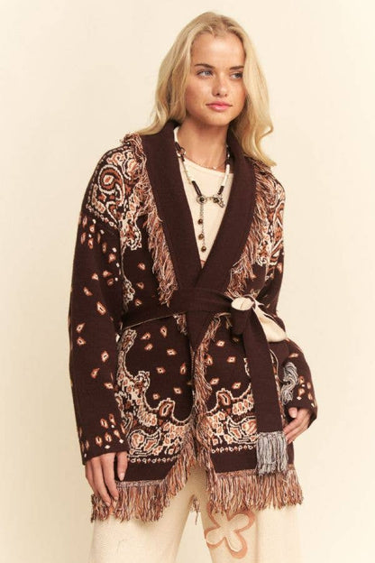 FREE SPIRIT DREAMER Series: FRINGE TRIM JACQUARD KNIT BELTED CARDIGAN