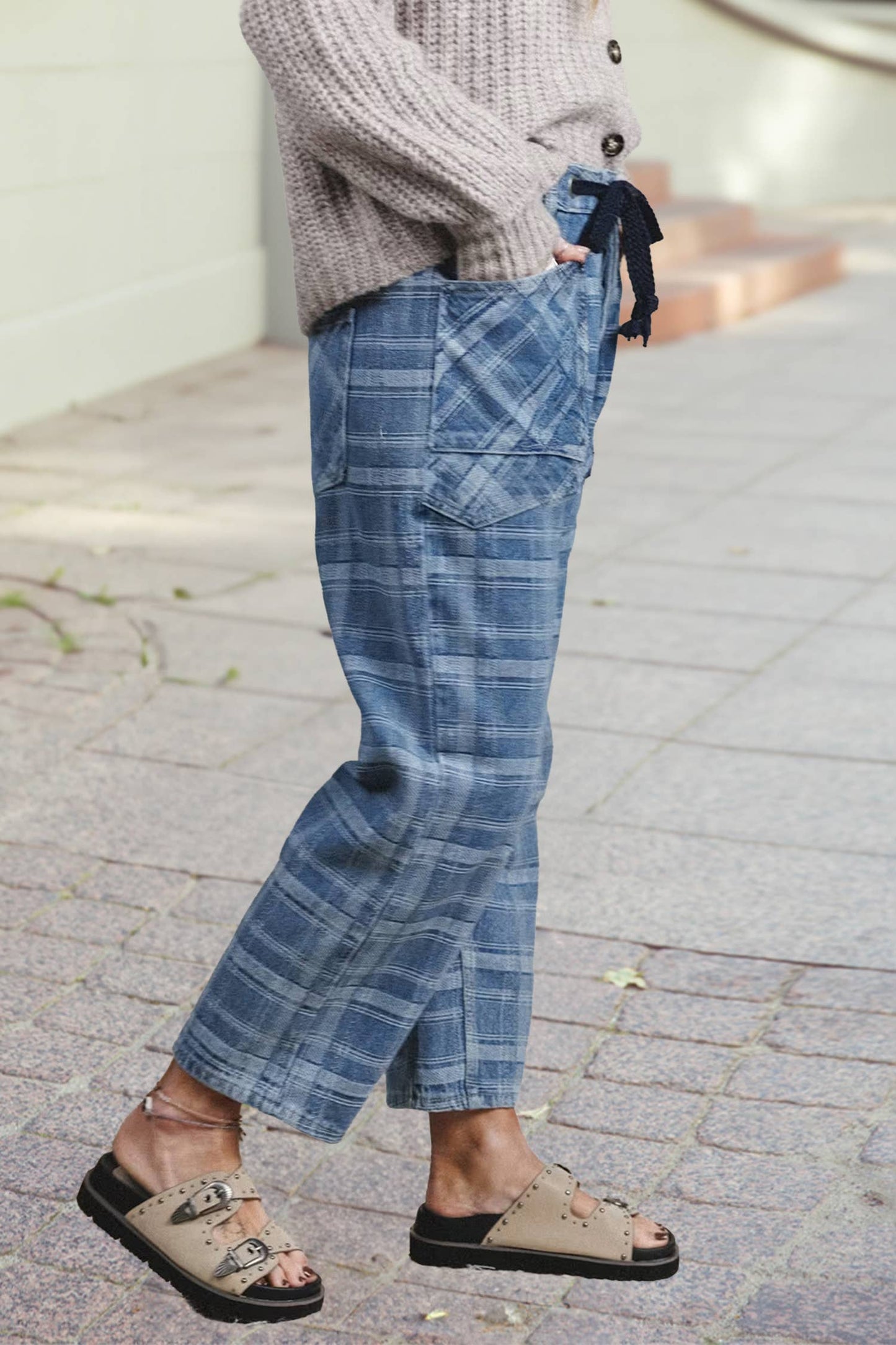 Plaid Print Drawstring Waist Wide Leg Denim Pants