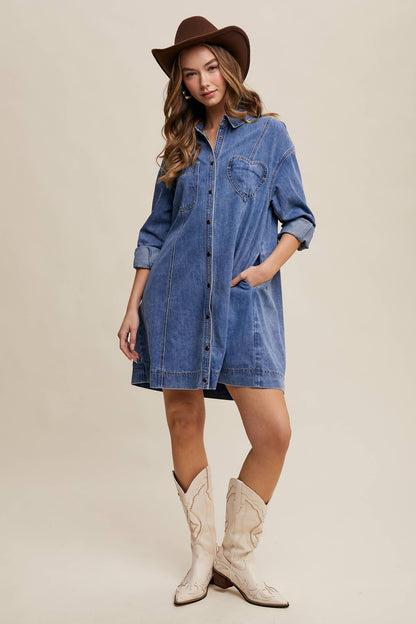 Denim Heart-Pocket Shirt Dress—Montana Boho Western Spirit Fashion: