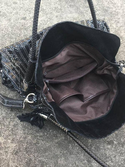Montana Boho Western Spirit Fashion: This yummy fashion speaks to your boho western spirit, and this statement is a true Yellowstone-Vibe: Split-joint Striped Shoulder Sling Leather Bag