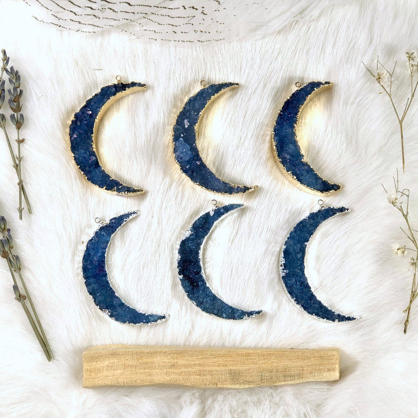 Druzy Moon Pendants with Electroplated 24k Gold/Silver Edge