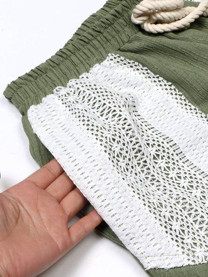 BOHO Vintage Western Lace Patchwork Drawstring Pants (Green)