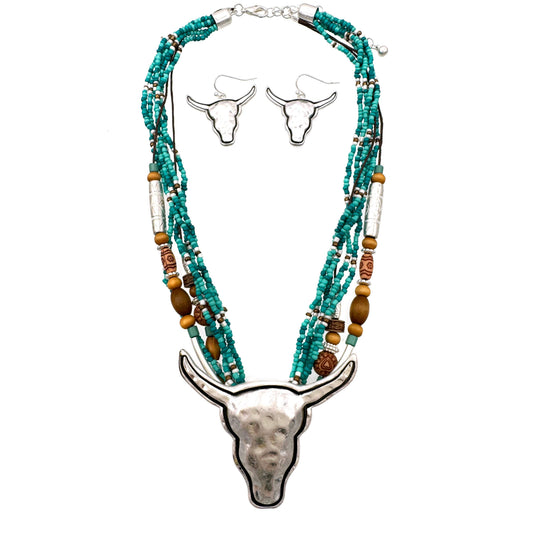 Montana Boho Western Spirit Jewelry: White Turquoise Navajo Bead Longhorn Pendant Necklace