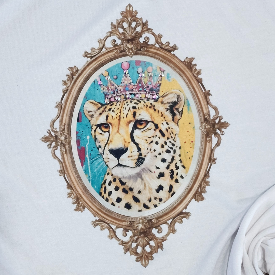 Leopard Rhinestone Queen with Antique Frame Graphic Tee (T-Shirt)