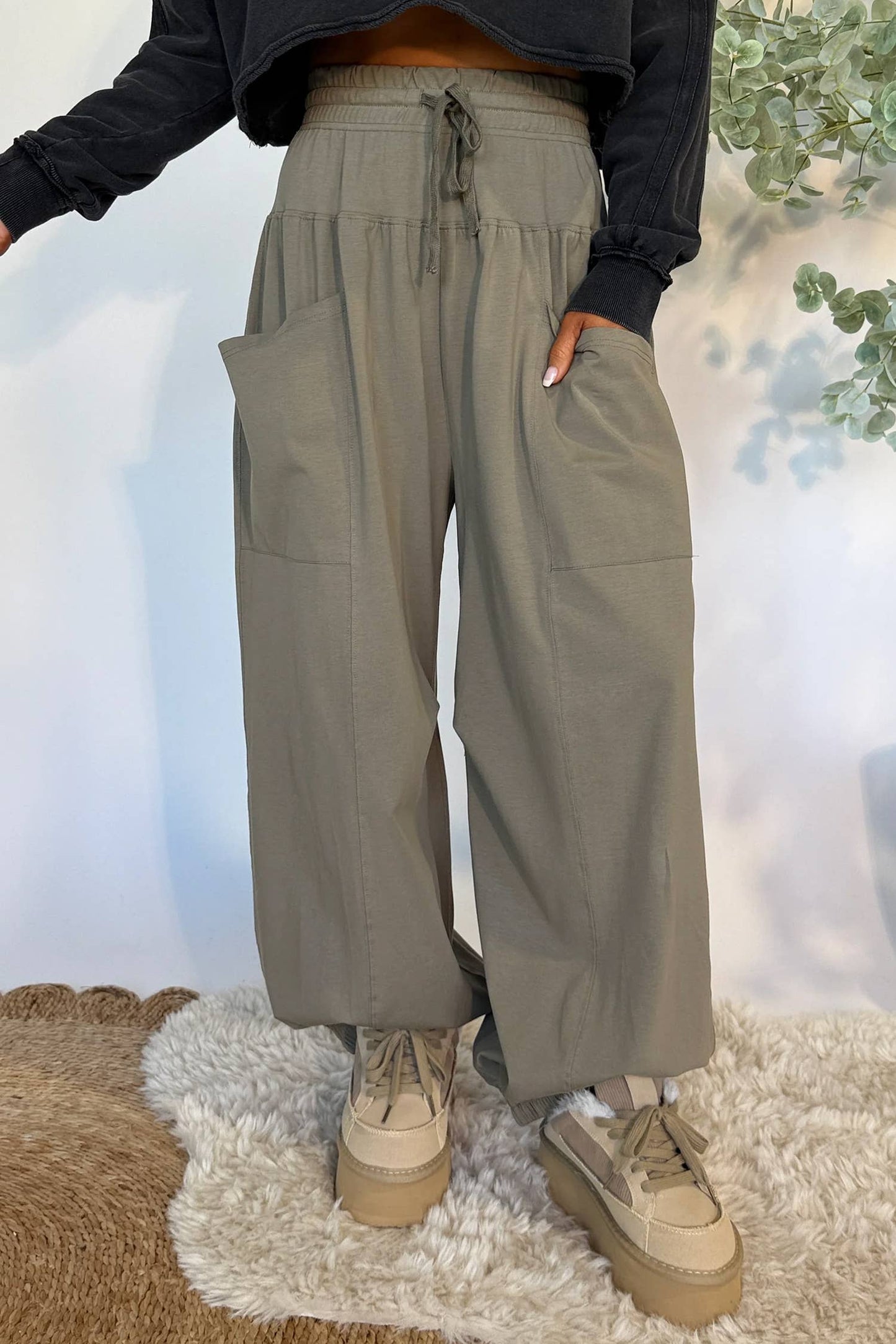 Cozy Comfort Series; Elastic Waist Drawstring Wide Leg Full Length Pants
