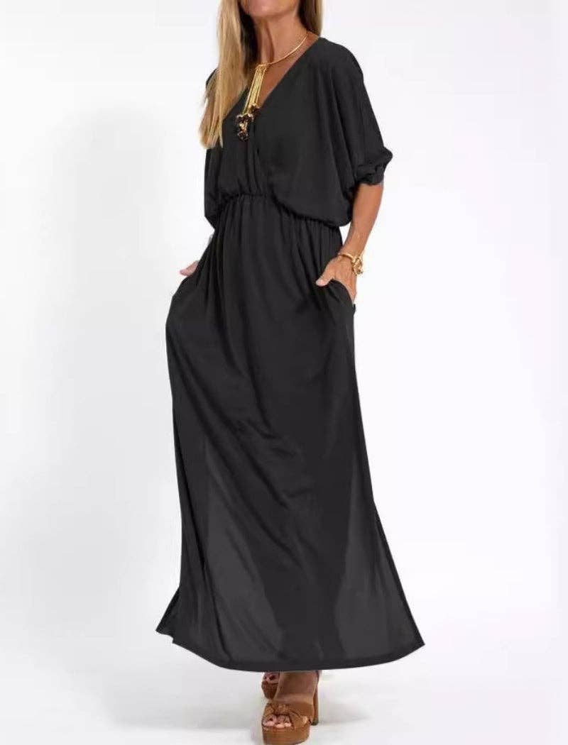 V-Neck Batwing Sleeve Maxi Dress with Pockets: Be A Show-Stopper—Simply IRRESISTIBLE