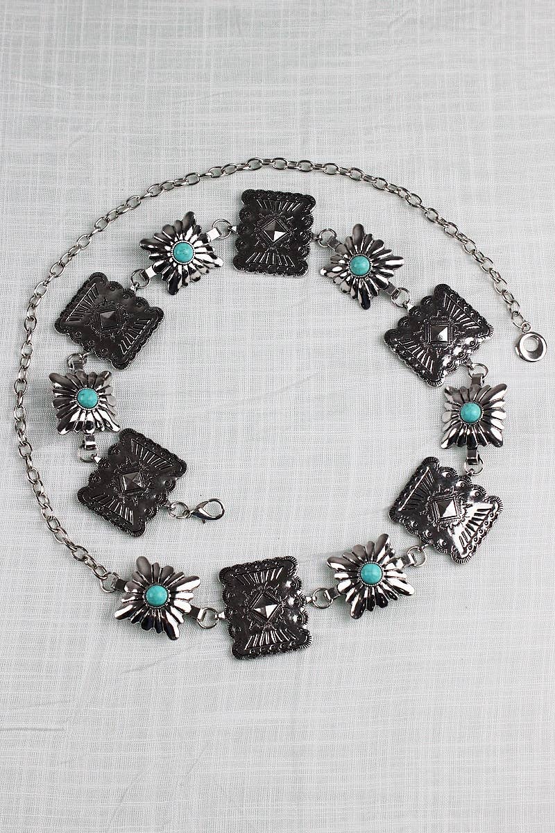 Vintage Western Geometric Belt-Square Turquoise Chain Waist