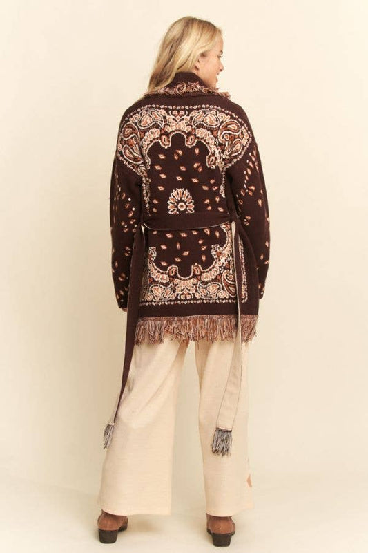 FREE SPIRIT DREAMER Series: FRINGE TRIM JACQUARD KNIT BELTED CARDIGAN