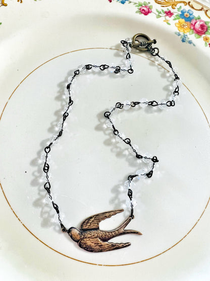 Fly Away Sparrow Brass Patina Beaded Chain Necklace: Montana Boho Western Spirit Jewelry