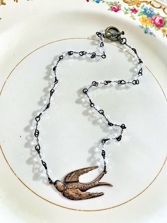 Fly Away Sparrow Brass Patina Beaded Chain Necklace: Montana Boho Western Spirit Jewelry