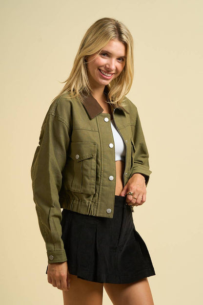 Cropped Utility Jacket with Contrast Collar (OLIVE w/Brown Collar)