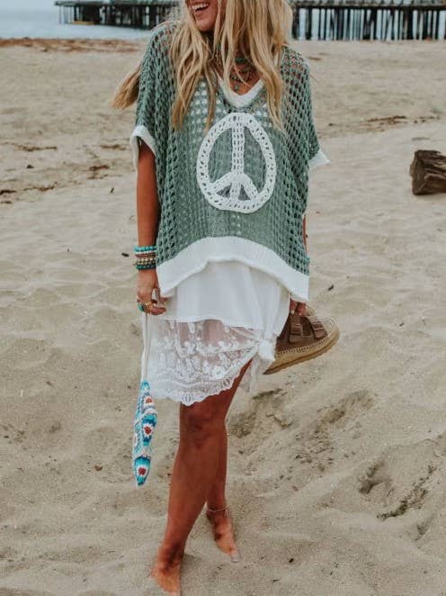 Love & peace open knit top short sleeve oversized crochet top