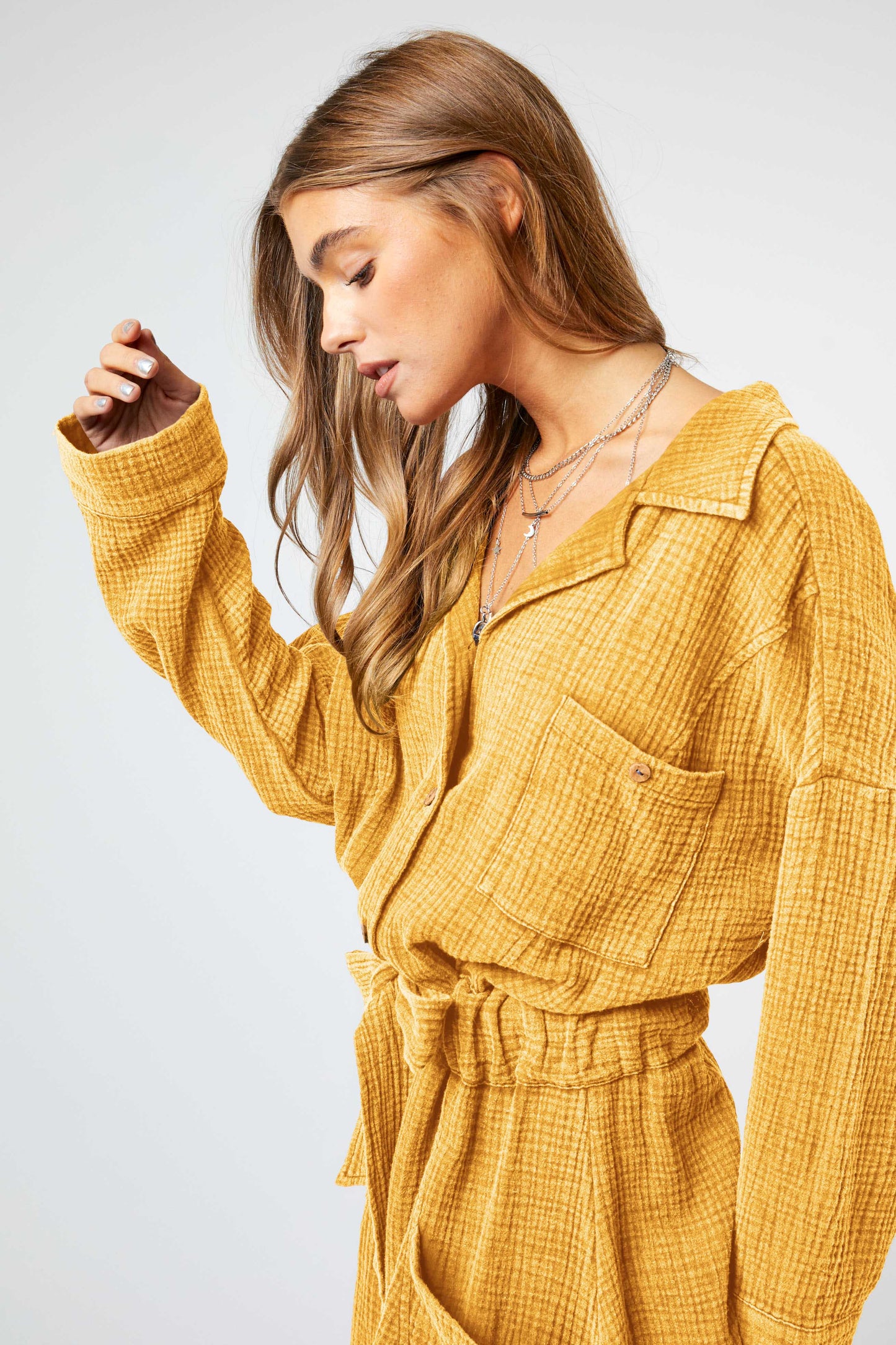 FREE SPIRIT DREAMER Series: GARMENT WASHED SPREAD COLLAR POCKET SHIRT ROMPER