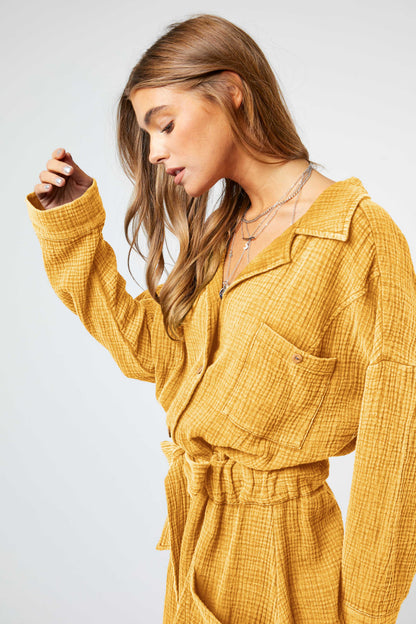 FREE SPIRIT DREAMER Series: GARMENT WASHED SPREAD COLLAR POCKET SHIRT ROMPER