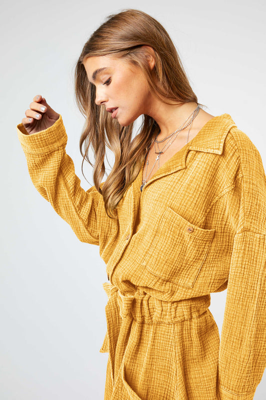 FREE SPIRIT DREAMER Series: GARMENT WASHED SPREAD COLLAR POCKET SHIRT ROMPER