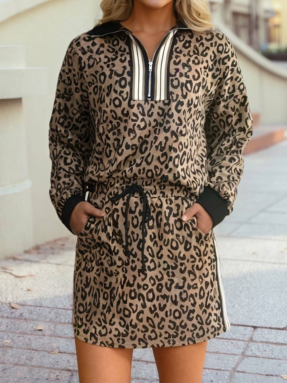 Casual Wanderer COMFY Series: Leopard Zip Long Sleeve Top Drawstring Mini Skirt 2pcs Set