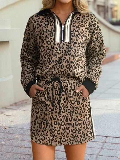 Casual Wanderer COMFY Series: Leopard Zip Long Sleeve Top Drawstring Mini Skirt 2pcs Set