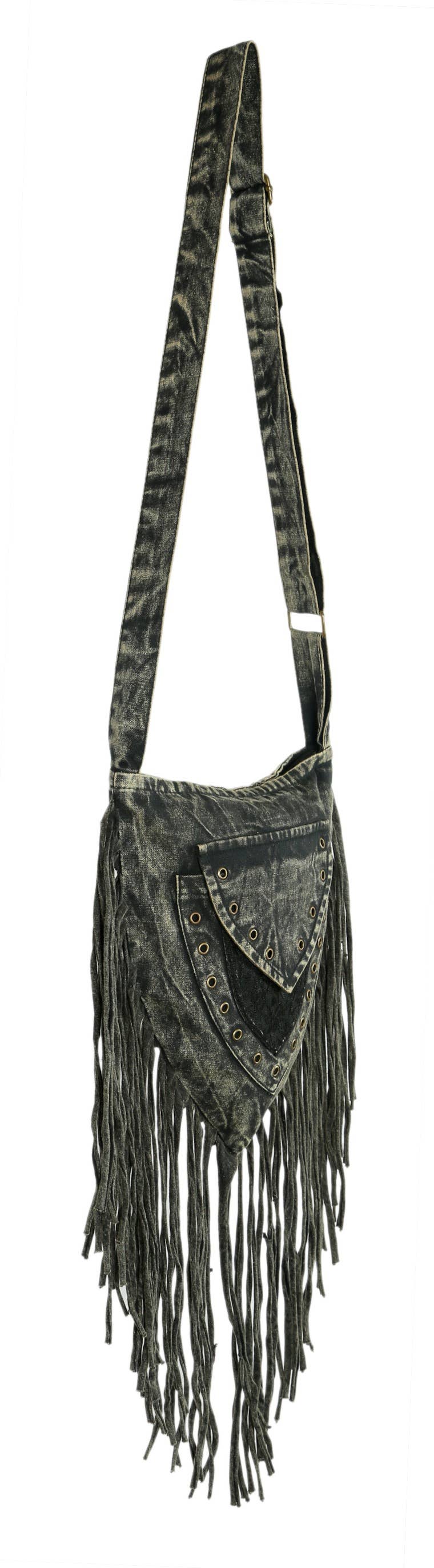FREE SPIRIT DREAMER Series: Dark Gray Stonewashed Fringe Triangular Passport Bag