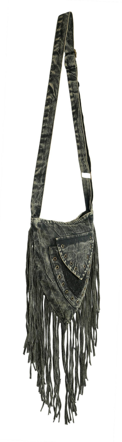 FREE SPIRIT DREAMER Series: Dark Gray Stonewashed Fringe Triangular Passport Bag