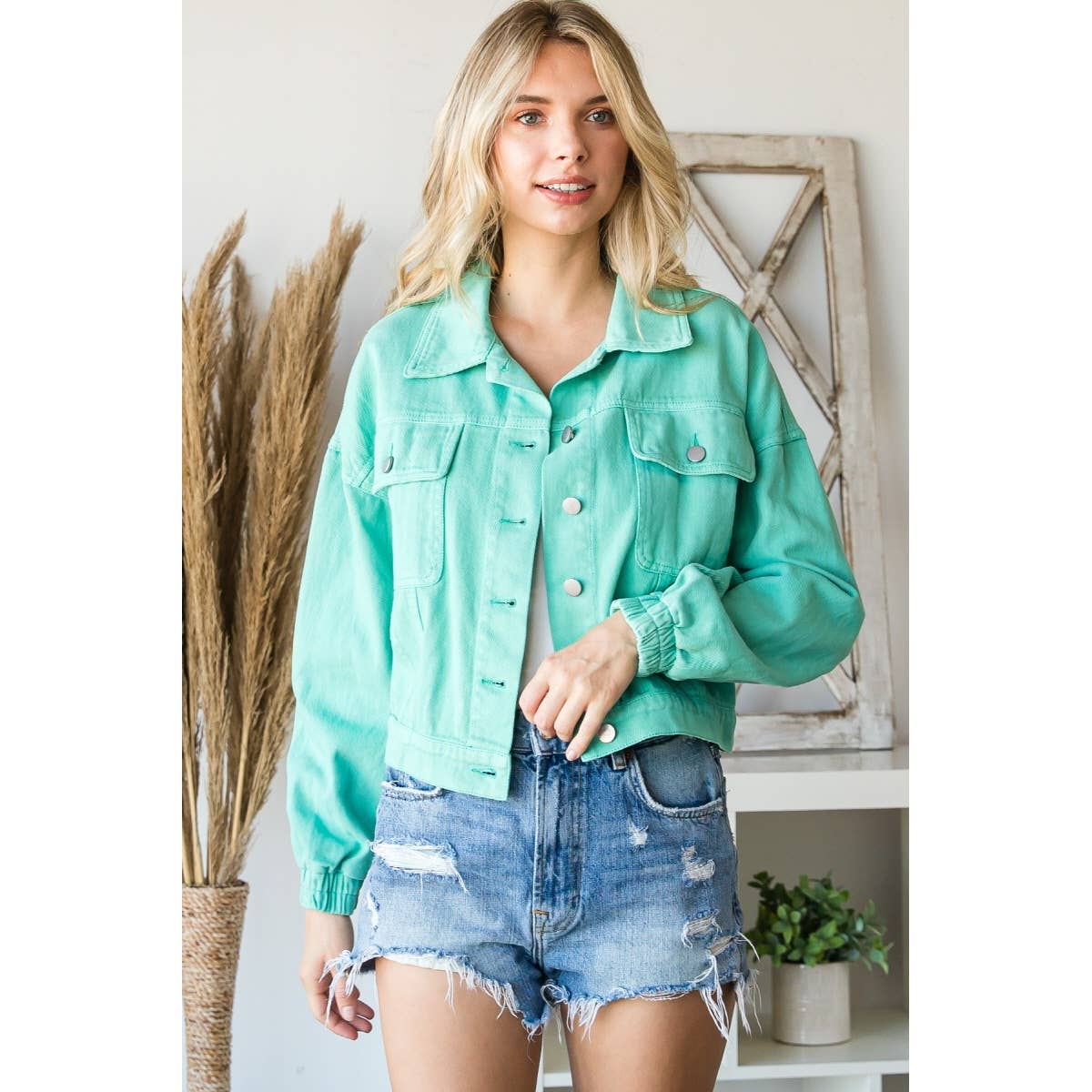 Rhinestone Fringed Back Color Denim Jacket (Turquoise)