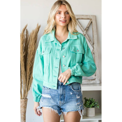 Rhinestone Fringed Back Color Denim Jacket (Turquoise)