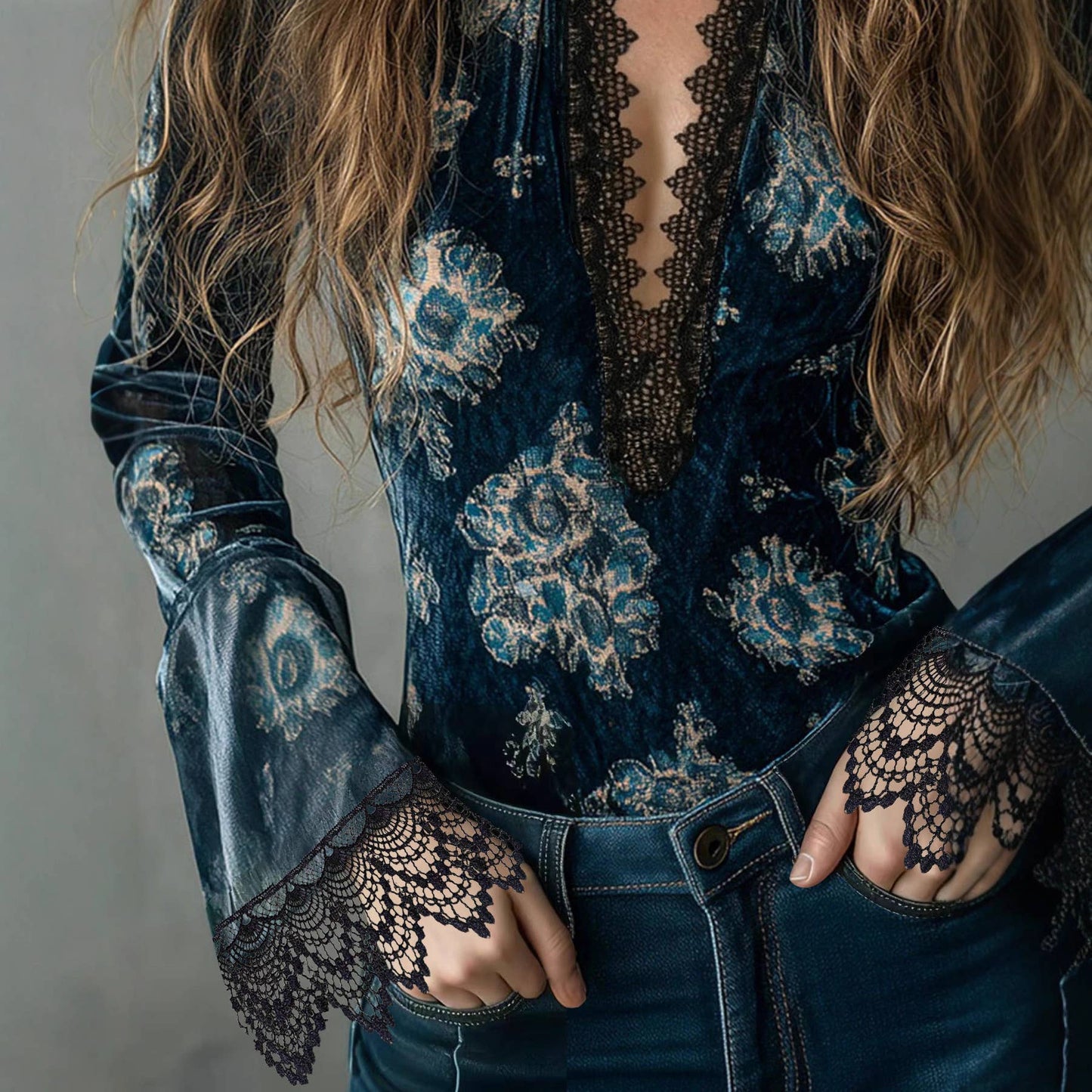 Floral Lace Trim Long Sleeve Blouse— Montana Boho Western Spirit Fashion