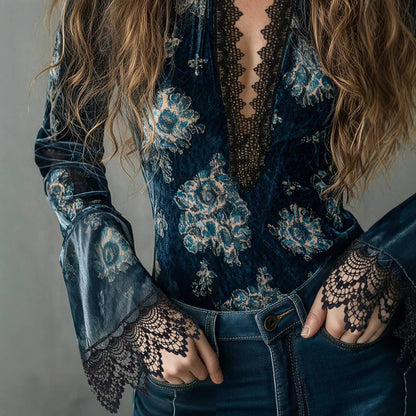 Floral Lace Trim Long Sleeve Blouse— Montana Boho Western Spirit Fashion