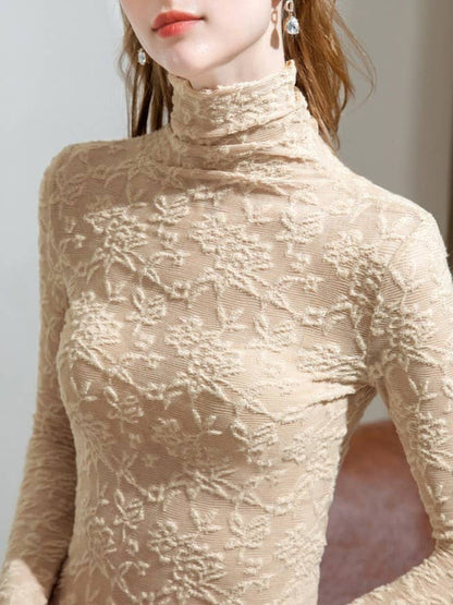 Montana Boho/Western Essentials: Sheer Mesh Floral Textured Lace Turtleneck Top