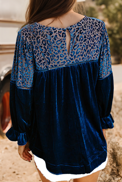 FREE SPIRIT DREAMER Series: Leopard Patchwork Shoulder Flounce Sleeve Velvet Blouse
