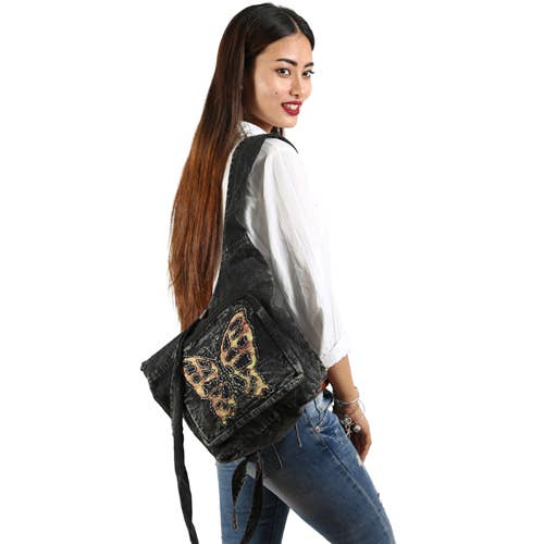 FREE SPIRIT DREAMER Series: Convertible Black Crossbody Backpack with Yellow Butterfly