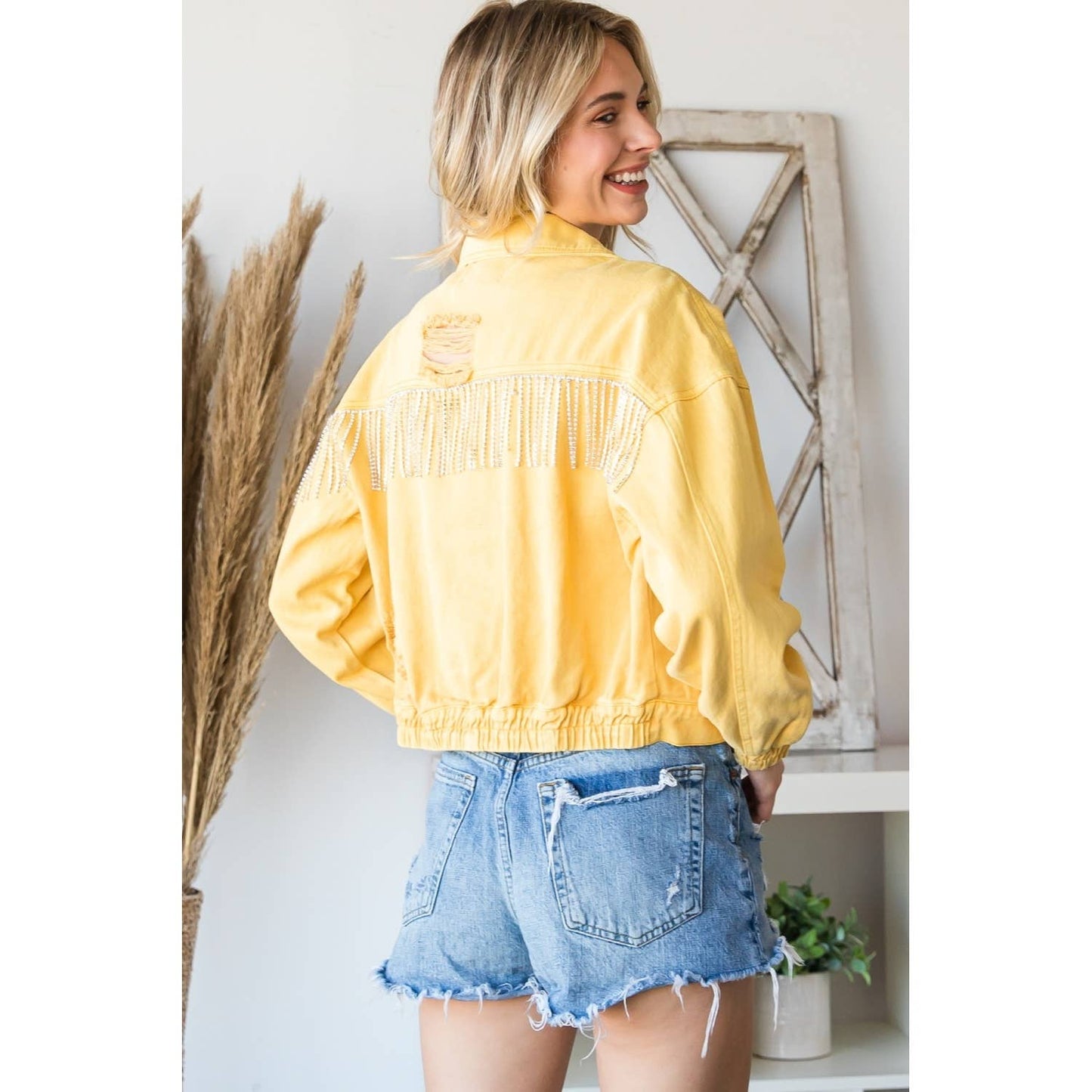 Rhinestone Fringed Back Color Denim Jacket (Turquoise)
