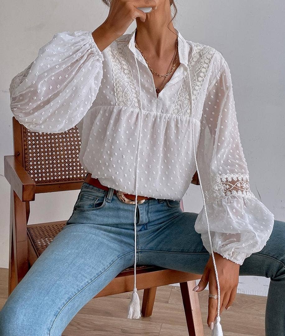 FREE SPIRIT DREAMER Series:Boho Polka Dot Sheer Lace Chiffon Blouse