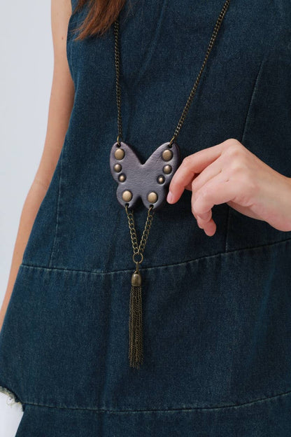 Western Butterfly Studded Leather Fringe Necklace