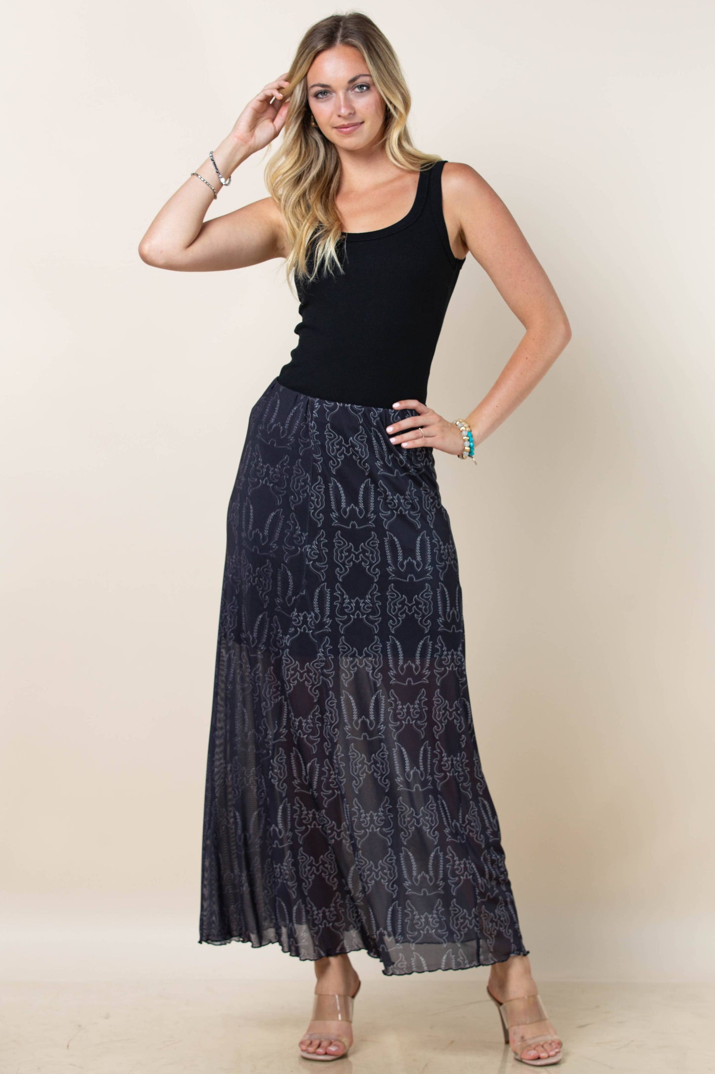 Montana Boho/Western Spirit Fashion:-REESE BOOTSTITCH PRINT A-LINE LINED MESH SKIRT