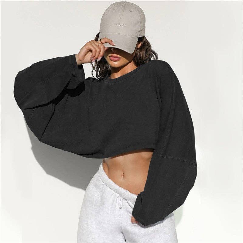 Loose Cropped Solid Color Sports Sweater