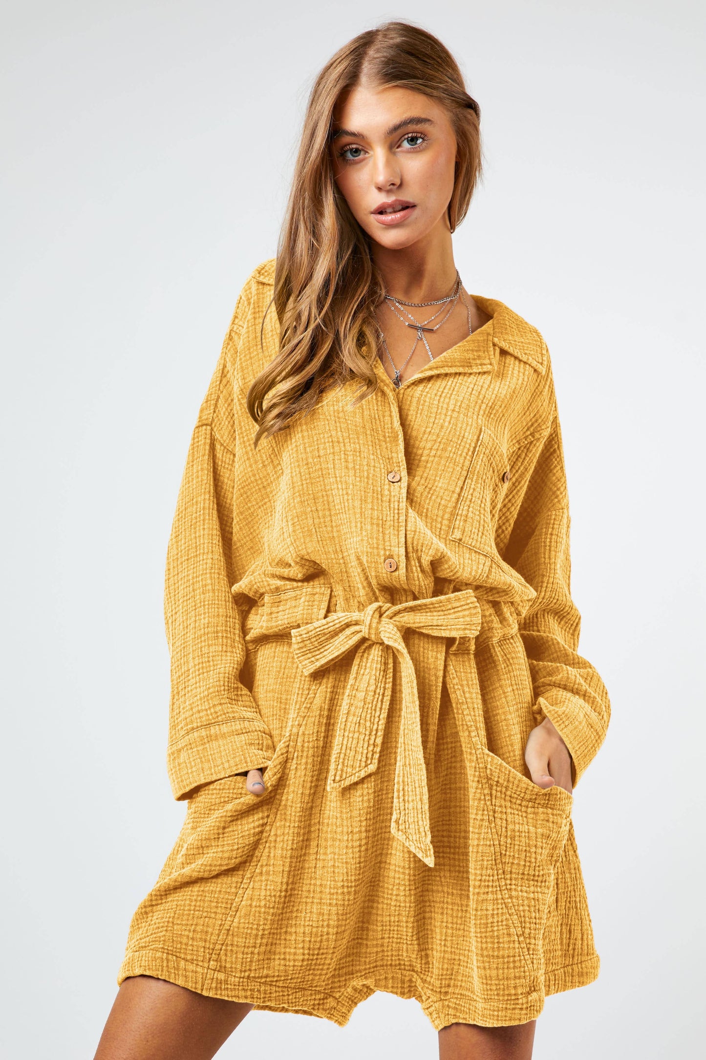 FREE SPIRIT DREAMER Series: GARMENT WASHED SPREAD COLLAR POCKET SHIRT ROMPER
