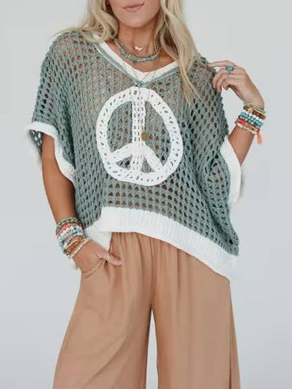 Love & peace open knit top short sleeve oversized crochet top