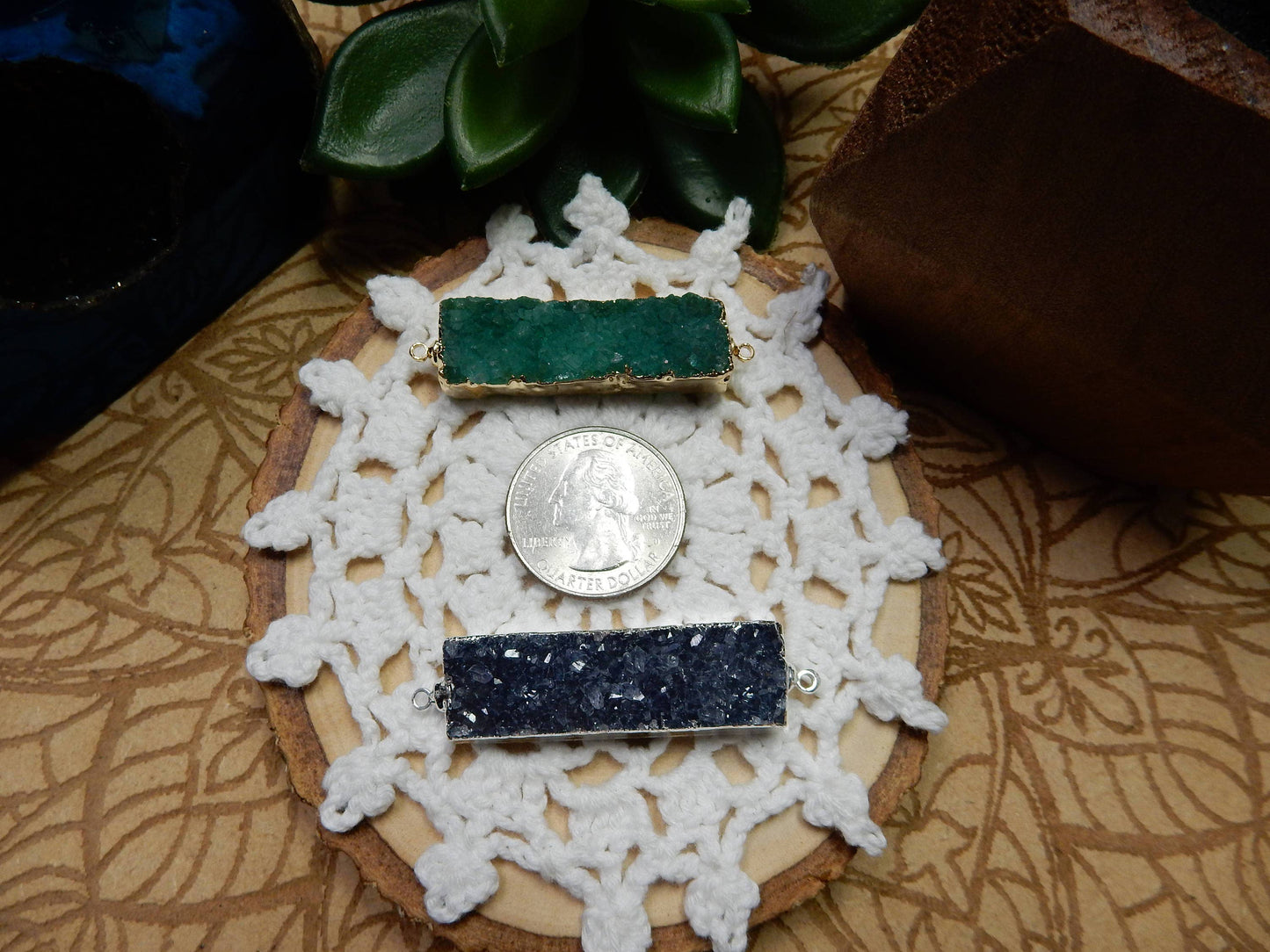 Druzy Double Bail Pendant -- Gold Plated Bezel Bar