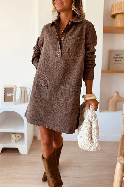 Button-Down Denim Dress with Pockets (Brown; Tone-On-Tone Leopard Print—subtle)