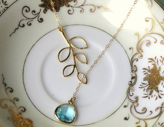 Aquamarine Lariat Necklace (Leaf Detail)