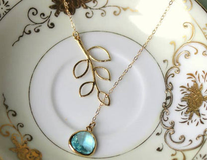 Aquamarine Lariat Necklace (Leaf Detail)