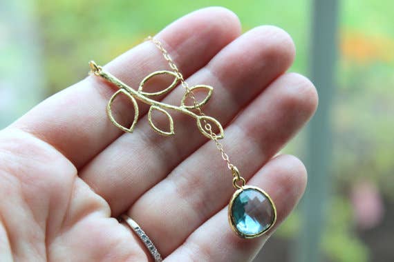 Aquamarine Lariat Necklace (Leaf Detail)