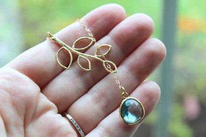 Aquamarine Lariat Necklace (Leaf Detail)