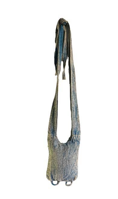Cotton Crossbody Bag Tie Top with 3 Hand Woven Flowers Blue