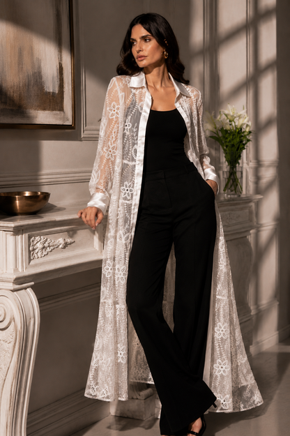 Embroidered Lace Button-Front Duster