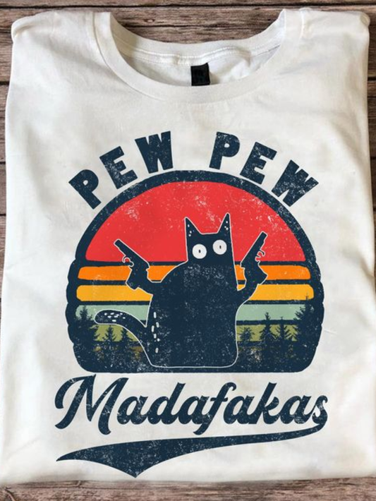 Casual Wanderer COMFY Series: Cute Cat Gun Holding Printed T-Shirt