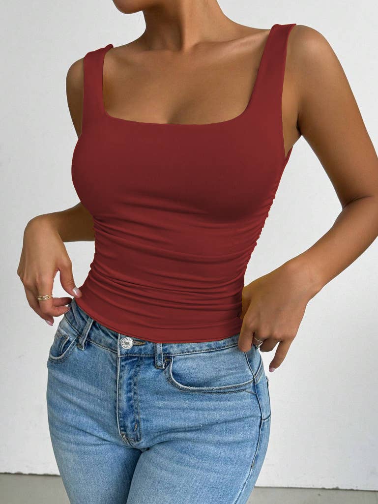 Everyday Basic Versatile Square neck stretchy tank top (Ruched sides; Very Slimming)
