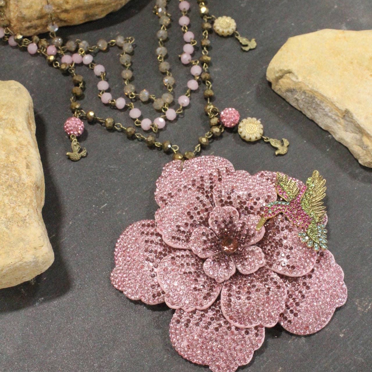 Power In The Flower Blushing Humming Bird Layered Necklace: FREE SPIRIT DREAMER Series: Boho & Free-People loving styles.