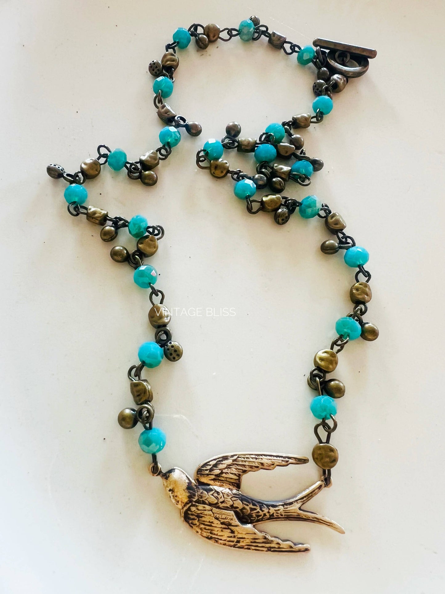 Fly Away Sparrow Brass Patina Beaded Chain Necklace: Montana Boho Western Spirit Jewelry